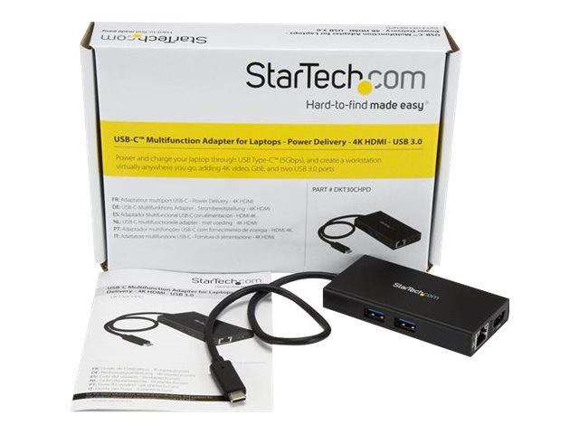StarTech.com USB-C Multiport Adapter, USB-C Travel Docking Station with 4K HDMI, 60W Power Delivery Pass-Through, Ethernet (GbE), 2x USB-A 3.0 Hub, Portable Mini USB Type-C Dock for Laptop - Portable USB-C Dock (DKT30CHPD)