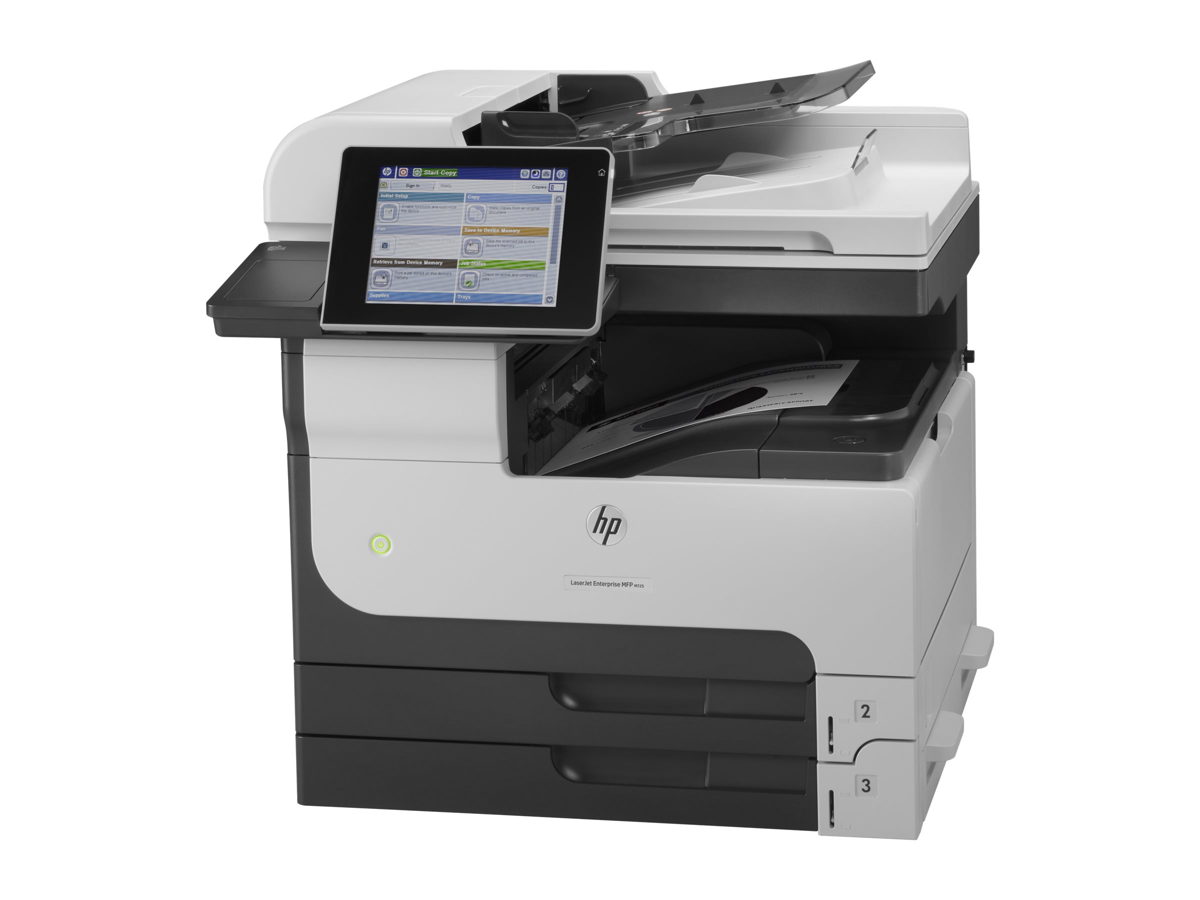 HP LaserJet Enterprise MFP M725dn multifunction printer Product shot with extra item(s) Right-angle 0