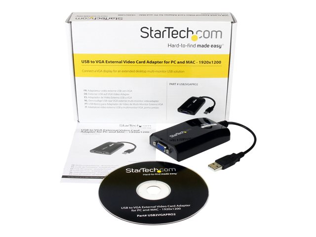 Image of StarTech.com USB to VGA Adapter - 1920x1200 - External Video & Graphics Card - Dual Monitor - Supports Mac & Windows and Mirror & Extend Mode (USB2VGAPRO2) - external video adapter - DisplayLink DL-195 - 16 MB - black