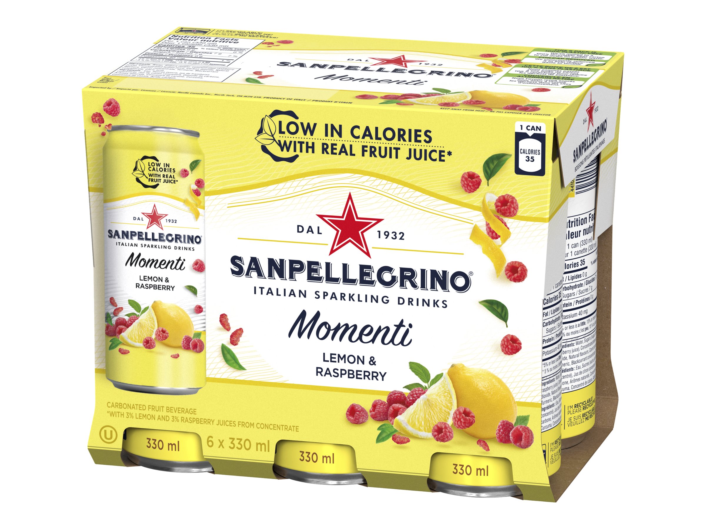 Sanpellegrino Momenti Sparkling Water - Lemon and Raspberry - 6 x 330ml