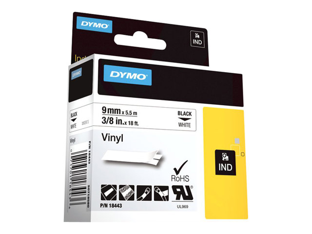 DYMO IND - Vinyle - adhsif - noir sur blanc - Rouleau (0,9 cm x 5 m) 1 cassette(s) bande d\'tiquettes - pour LabelMANAGER 210, 280, 360, 420, PnP; Rhino 4200, 5200; RhinoPRO 6000