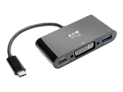 Tripp Lite USB C to DVI Adapter with USB-A Hub, Thunderbolt 3-1080p, PD Charging, Black, 6 in., USB Type C, USB-C, USB Type-C
