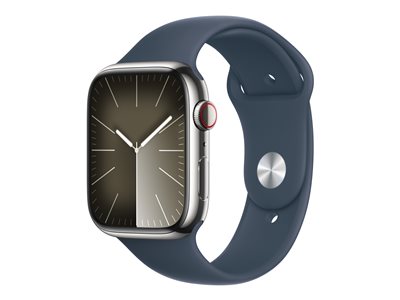 Apple Watch Series 9 GPS Cellular silver stainless steel smart watch with sport band storm blue 64 GB