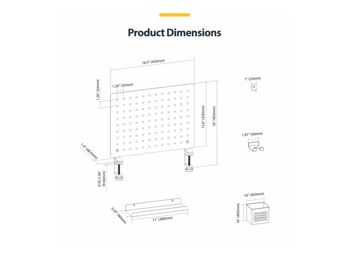 StarTech.com Clamp-On Pegboard with Accessories, 16.5 x 12.5in (42 x 32cm), Steel Pegboard, Desktop Storage Organizer, Desk Mount Peg Board, Black upevňovací komponent - uchycení na klip - černá – foto 9