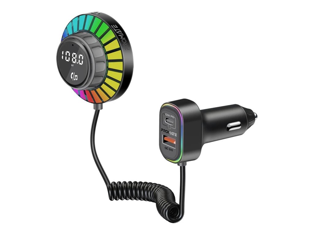 Promate SmarTune-EXT, Bluetooth hands-free car kit / FM transmitter / charger for mobile phone, RGB, 30W Power Delivery & Quick Charge 3.0