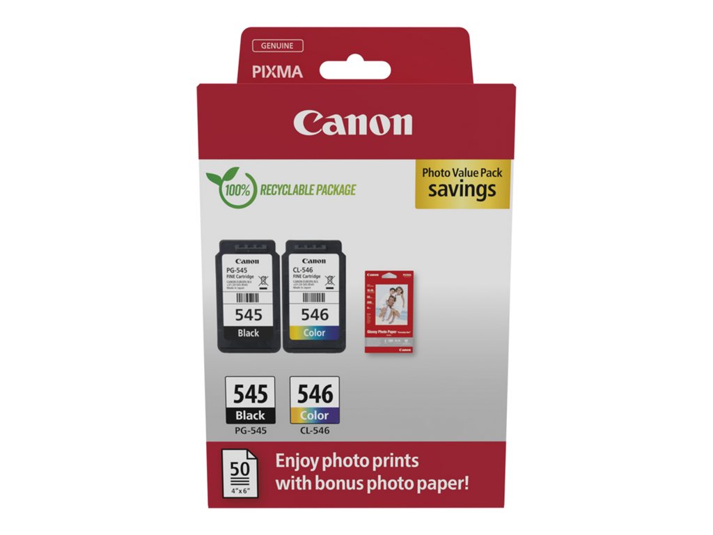 Canon PG-545 / CL-546 Value Pack Sort Farve (cyan, magenta, gul) Blækpatron/papirsæt
