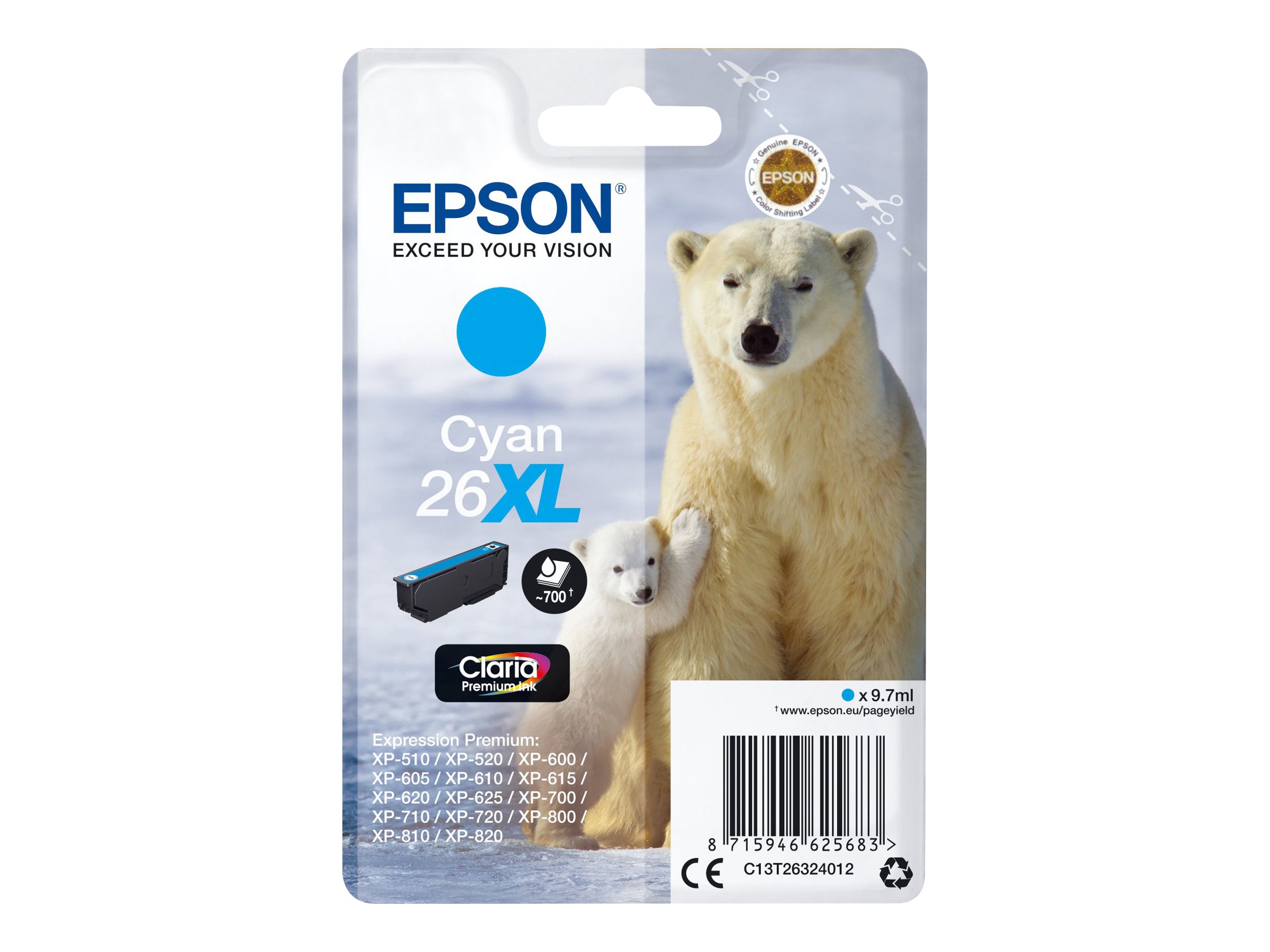 An image of Epson 26XL - XL - cyan - original - ink cartridge
