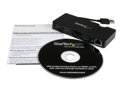 StarTech.com USB 3.0 to HDMI or VGA Adapter Dock - USB 3.0 Mini Docking Station w/ USB, GbE Ports - Portable Universal Laptop Travel Hub (USB3SMDOCKHV) - Docking station - USB - HDMI - GigE - for P/N: ARMPIVOT, ARMPIVOTE, ARMPIVSTND, ARMSLIM, ARMUNONB
