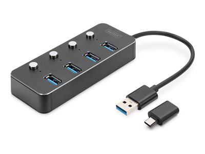 DIGITUS USB-C-Hub  4-Port 3.0->4xA3.0 1xC  intgr.Kabel  schw