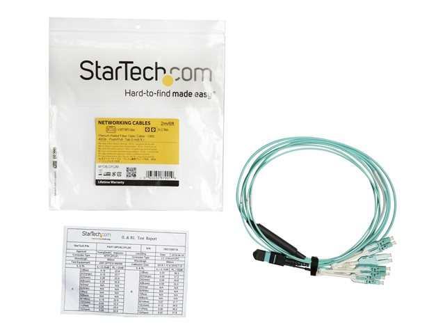 Image of StarTech.com MTP to LC Breakout Cable - 6 ft / 2m - OM3 Multimode - 40Gb - Pull Tab - Plenum - MPO / MTP Connector - Fiber Optic Cable (MPO8LCPL2M) - breakout cable - 2 m - aqua