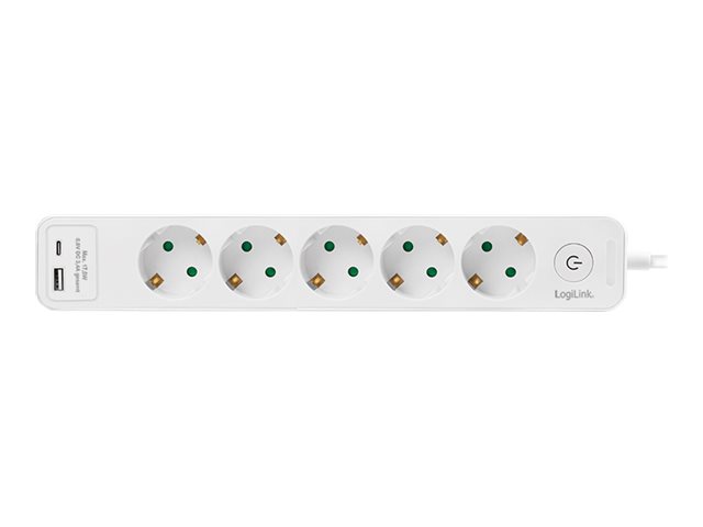 Outlet Strip, 5 safety sockets, w/ 1x USB-A, 1x USB-C Port, white – LogiLink