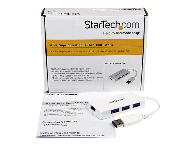StarTech.com 4 Port USB 3.0 Hub - Multi Port USB Hub w/ Built-in Cable - Powered USB 3.0 Extender for Your Laptop - White (ST4300MINU3W)
