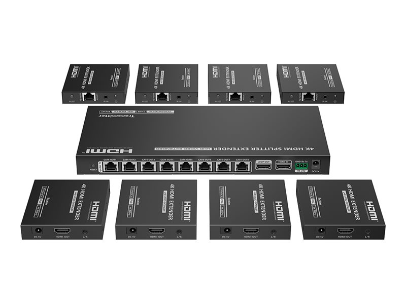 Lenkeng LKV828P-N, transmitter + 8 receivers, video/audio/infrared/serial/network extender, HDMI