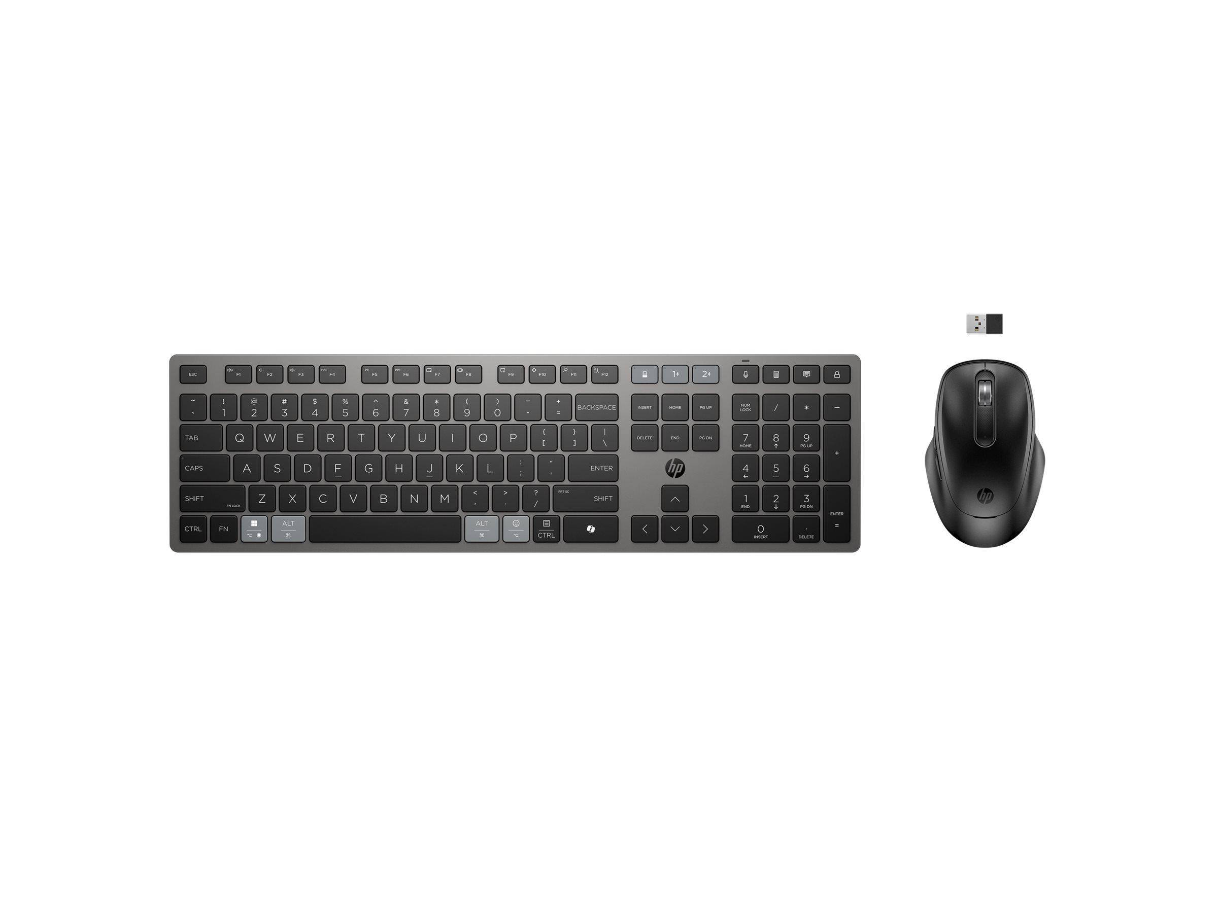 An image of HP 725 - keyboard and mouse set - multi-device, rechargeable, powered by SuperCapacitor full size - UK - nightfall black - Smart Buy Input Device