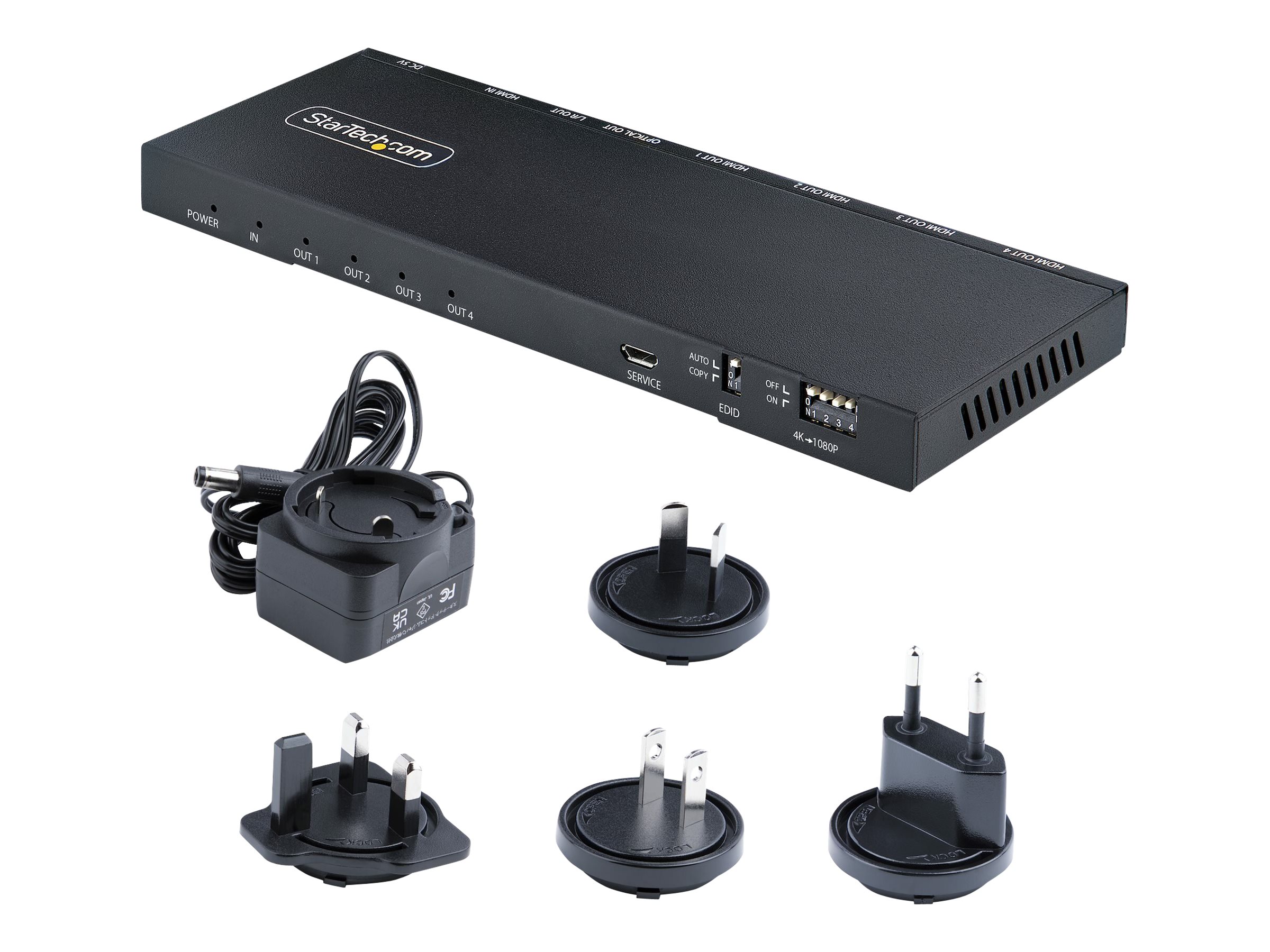 StarTech.com 4-Port HDMI Splitter, 4K 60Hz HDMI 2.0 Video, 1 In 4 Out HDMI Splitter, 4K HDMI Splitter w/Built-in Scaler, 3.5mm/Optical Audio Port, Durable Housing, HDR/HDCP |