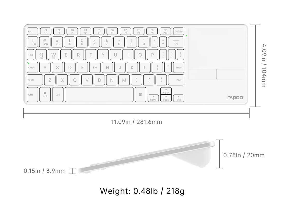 Rapoo E900T keyboard portable mini with touchpad white Input Usage / lifestyle Left-angle 72710