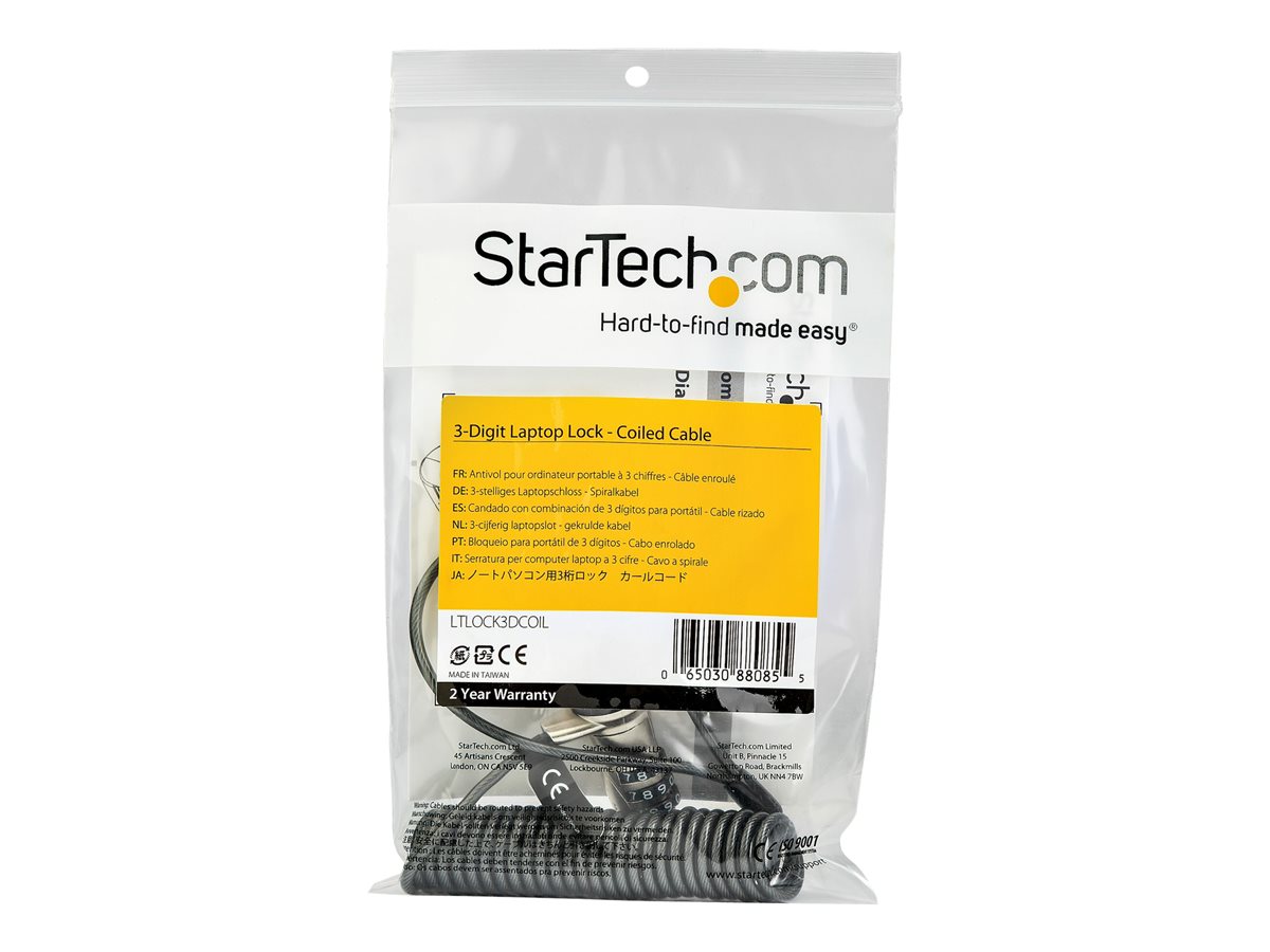 StarTech.com 6ft (1.8m) Self-Coiling Laptop Cable Lock, Portable 3-Digit Combination Security Cable Lock for K-Slot Laptop/Computer/Desktop/Device, Coiled Anti-Theft Steel Cable Combo Lock - 6 ft Coiled Cable Lock (LTLOCK3DCOIL) - bezpečnostní kabelový zámek – foto 2