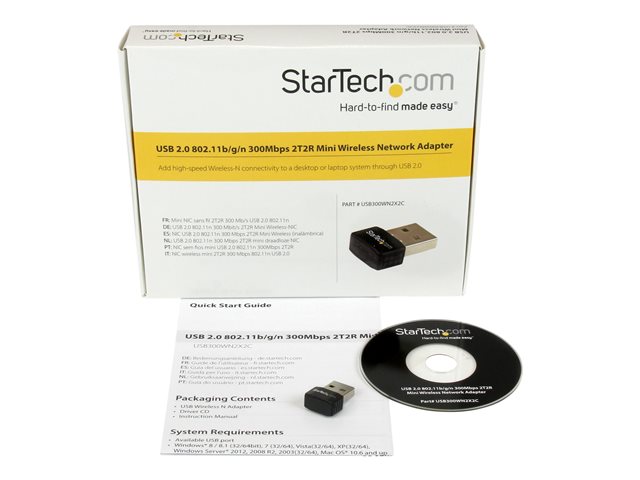 StarTech.com Mini adaptateur USB 2.0 réseau sans fil N 300Mb/s et 2,4GHz -  Clé USB WiFi 802.11n 2T2R - Carte réseau sans fil N - Noir (USB300WN2X2C), Cartes réseau USB