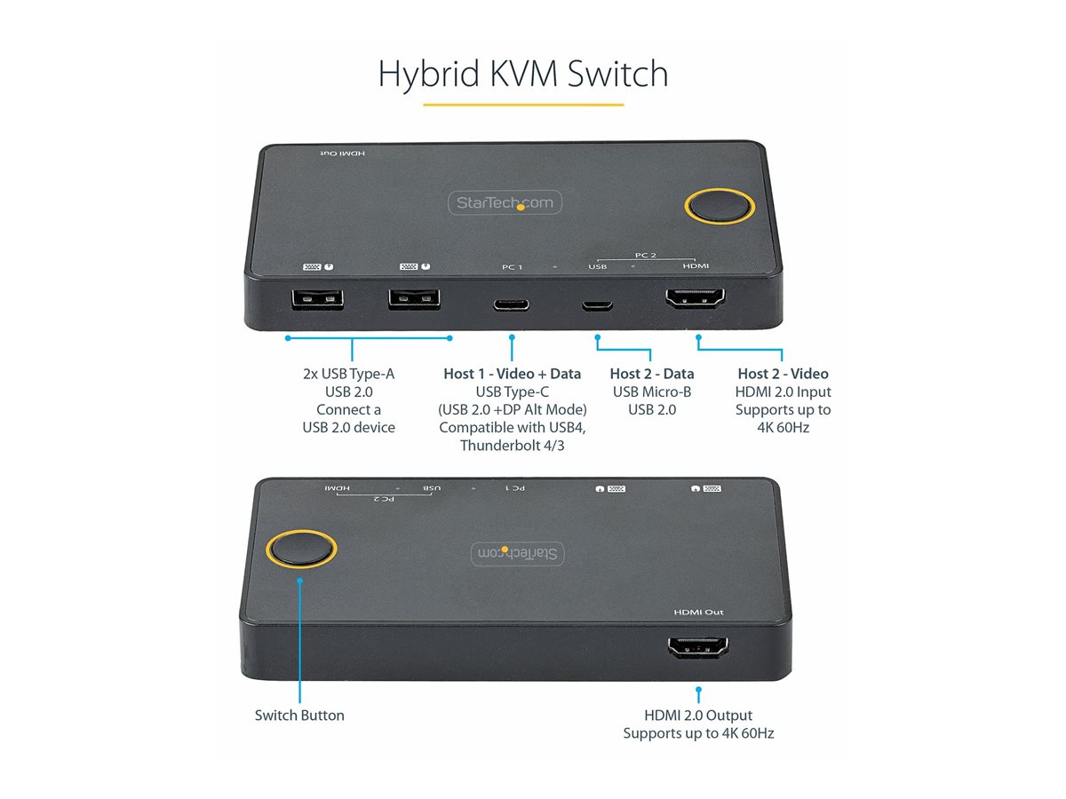 StarTech.com 2 Port Hybrid USB-A + HDMI & USB-C KVM Switch, Single 4K 60Hz HDMI 2.0 Monitor, Compact Desktop and/or Laptop HDMI KVM Switch, USB Bus Powered, Thunderbolt 3 Compatible - 2 Port HDMI KVM Switch (SV221HUC4K) - přepínač KVM / audio - 2 porty – foto 11