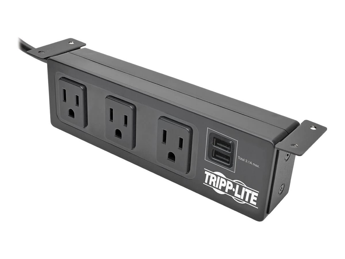Tripp Lite Protect It! 3-Outlet Surge Protector with Mounting Brackets, 10 ft. Cord, 510 Joules, 2 USB Charging Ports, Black Housing