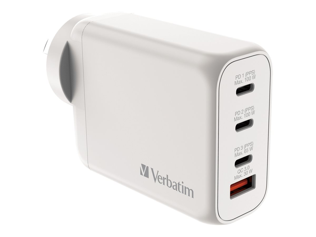 Verbatim power adapter GaNuniversal 3 x USB-C USB 100 Product shot Left-angle 79750