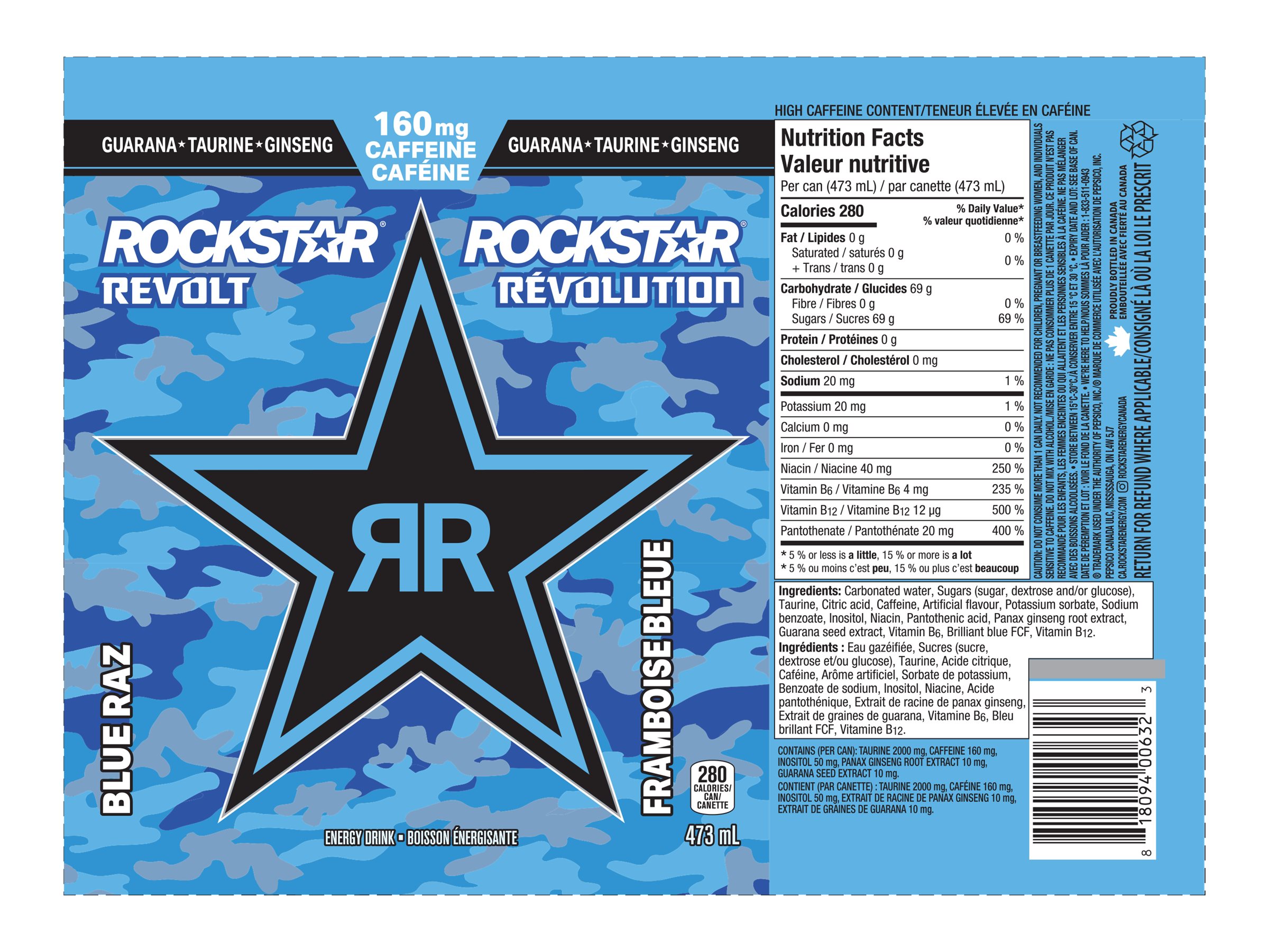 Rockstar Caffeinated Energy Drink - Killer Blue Raz - 473ml