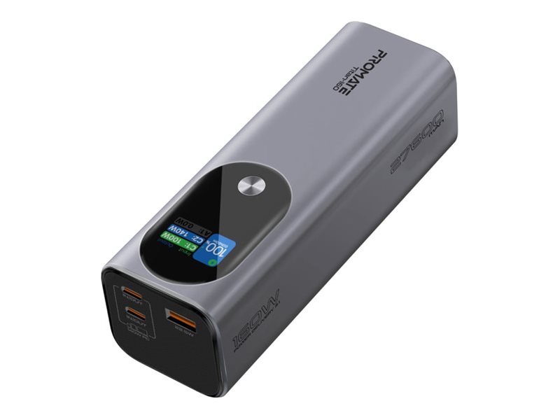 Promate Titan-160 power bank ultra compact multi-port with TFT LCD screen Li-Ion 2 x USB-C Product shot Right-angle 79550