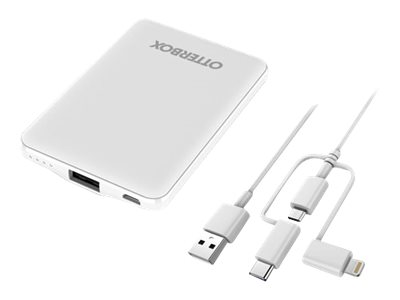 OtterBox Standard Mobile Charging Kit - Powerbank - 5000 mAh - 10.5 Watt - 2.1 A - Apple Fast Charge, AFC (USB) - auf Kabel: Lightning/Micro-USB/USB-C - weiß