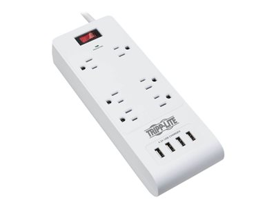 Tripp Lite 6-Outlet Surge Protector with 4 USB Ports (4.2A Shared) - 15 ft. Cord, 5-15P Plug, 900 Joules, White - Surge protector - 15 A - AC 120 V - 1800 Watt - output connectors: 6 - 4.57 m cord - white