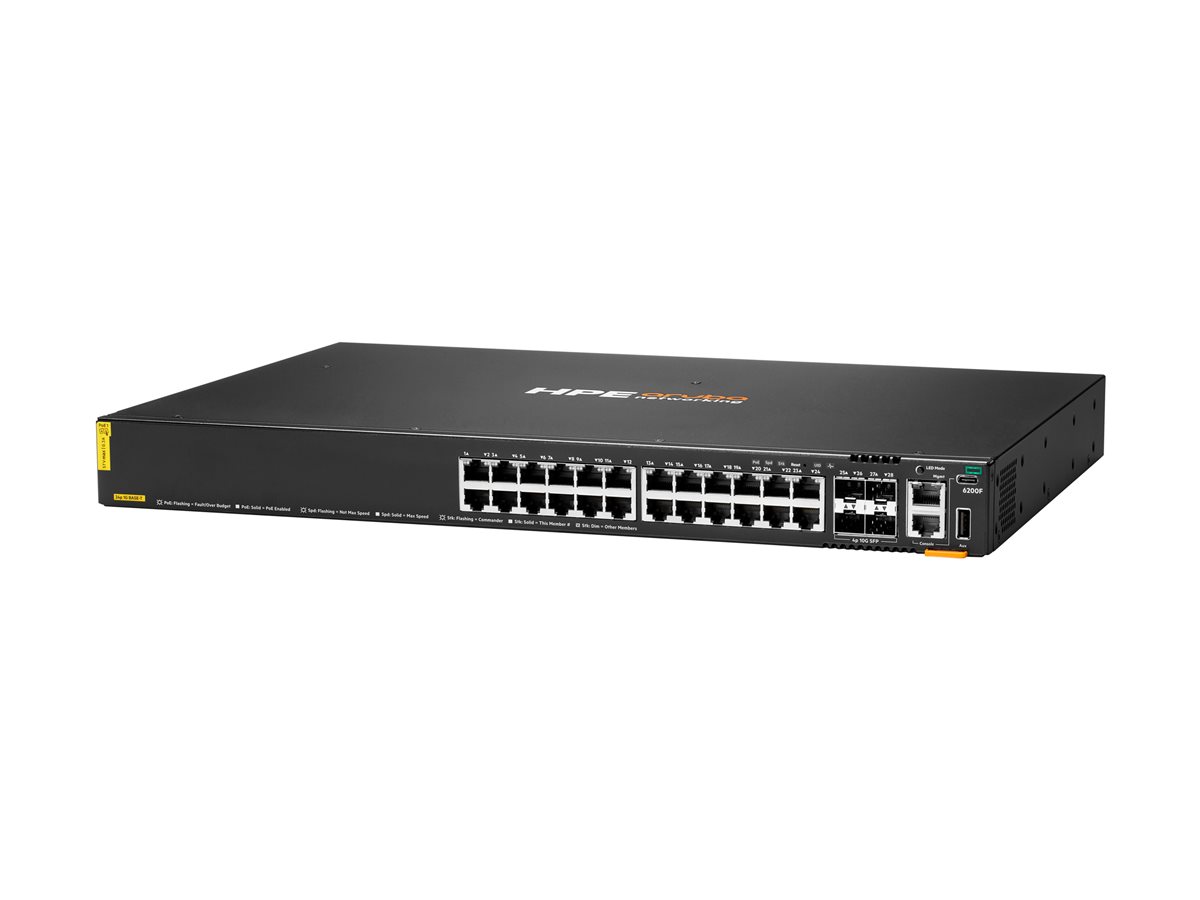 HPE Aruba 6200F 24G Class4 PoE 4SFP+ 370W Switch - přepínač - Max. stohovací vzdálenost 10 km - 24 porty - řízený - Lze montovat do rozvaděče