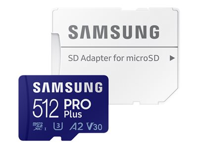 Samsung PRO Plus MB-MD512KA - Flashhukommelseskort (microSDXC til SD adapter inkluderet) - 512 GB - A2 / Video Class V30 / UHS-I U3 / Class10 - microSDXC UHS-I - blå (MB-MD512KA/EU) | eShop | Erhverv