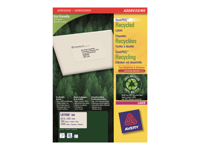 Avery Quickpeel Recycled Labels Address Labels 2100 Labels 381 X 635 Mm