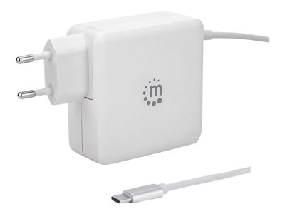Manhattan Wall/Power Charger (Euro 2-pin), USB-C and USB-A ports, USB-C Output: 60W / 3A, USB-A Output: 2.4A, USB-C 1m Cable Built In, White, Three Year Warranty, Box
