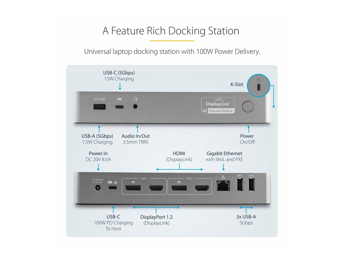 StarTech.com USB-C & USB-A Dock, Hybrid Universal Laptop Docking Station with 100W Power Delivery, Dual Monitor 4K 60Hz HDMI & DisplayPort, 4x USB 3.1 Gen 1 Hub, Gigabit Ethernet (GbE) - Hybrid USB Type-C Dock (DK30C2DPEPUE) - dokovací stanice - USB-C - 2 x HDMI, 2 x DP - 1GbE – foto 10