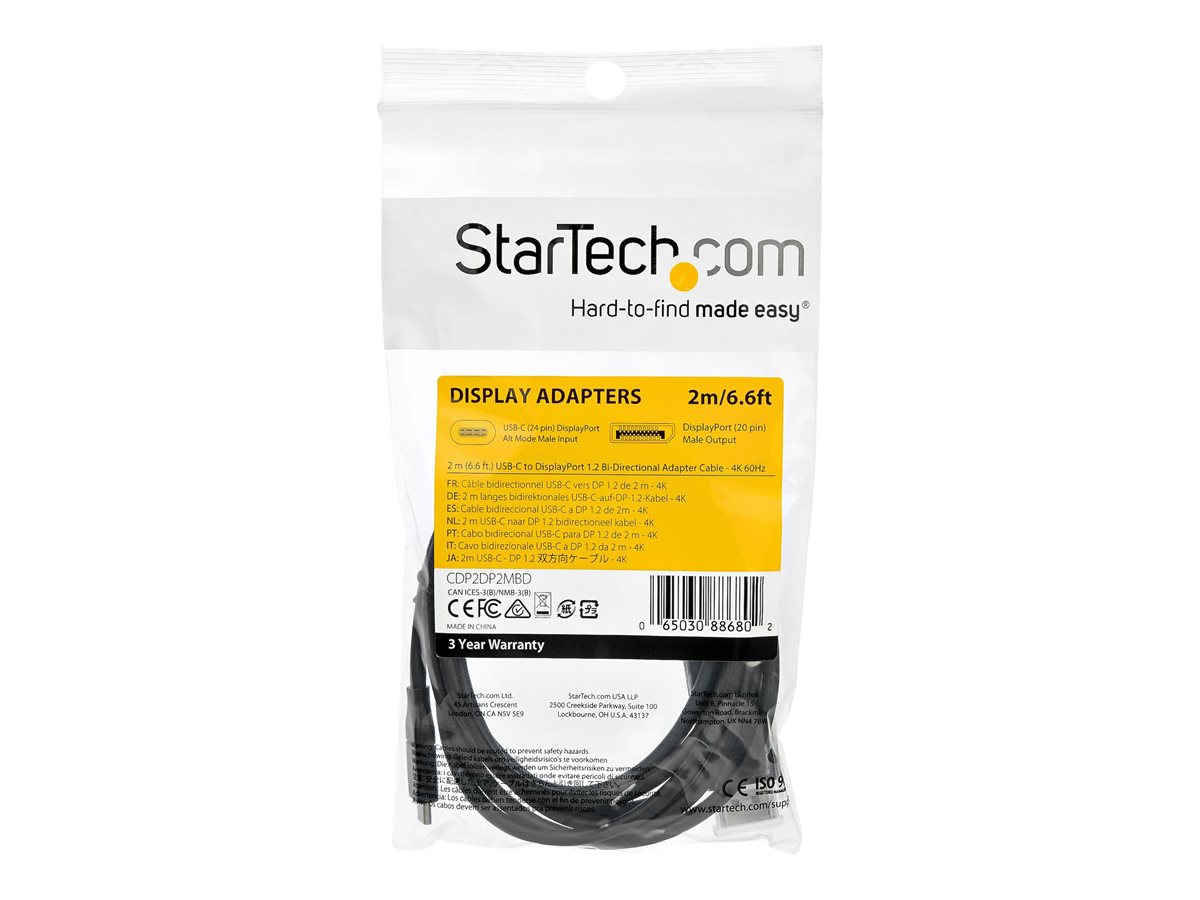 StarTech.com 6ft (2m) USB C to DisplayPort 1.2 Cable 4K 60Hz, Bidirectional DP to USB-C or USB-C to DP Reversible Video Adapter Cable, HBR2/HDR, USB Type C / Thunderbolt 3 Monitor Cable - 4K USB-C to DP Cable (CDP2DP2MBD) - kabel DisplayPort - USB-C do DisplayPort - 2 m – foto 4