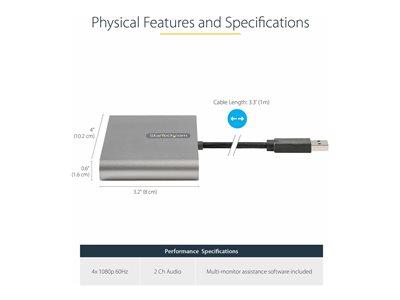 USB 3.0 to Dual HDMI Adapter - 1x 4K 60Hz & 1x 1080p - External Video &  Graphics Card - USB Type-C to HDMI Dual Monitor Display Adapter 