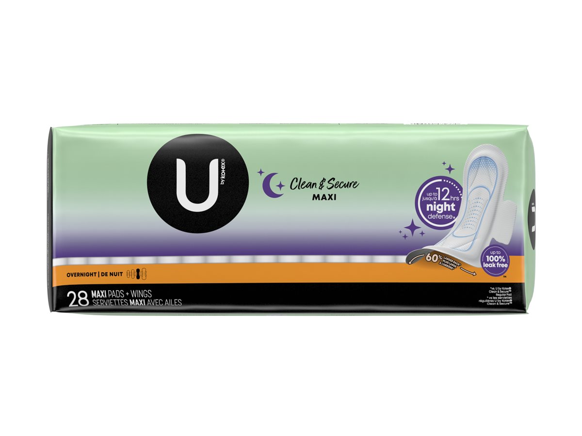 U by Kotex Clean & Secure Overnight Maxi Pads with Wings, 28 Count - 28 ea