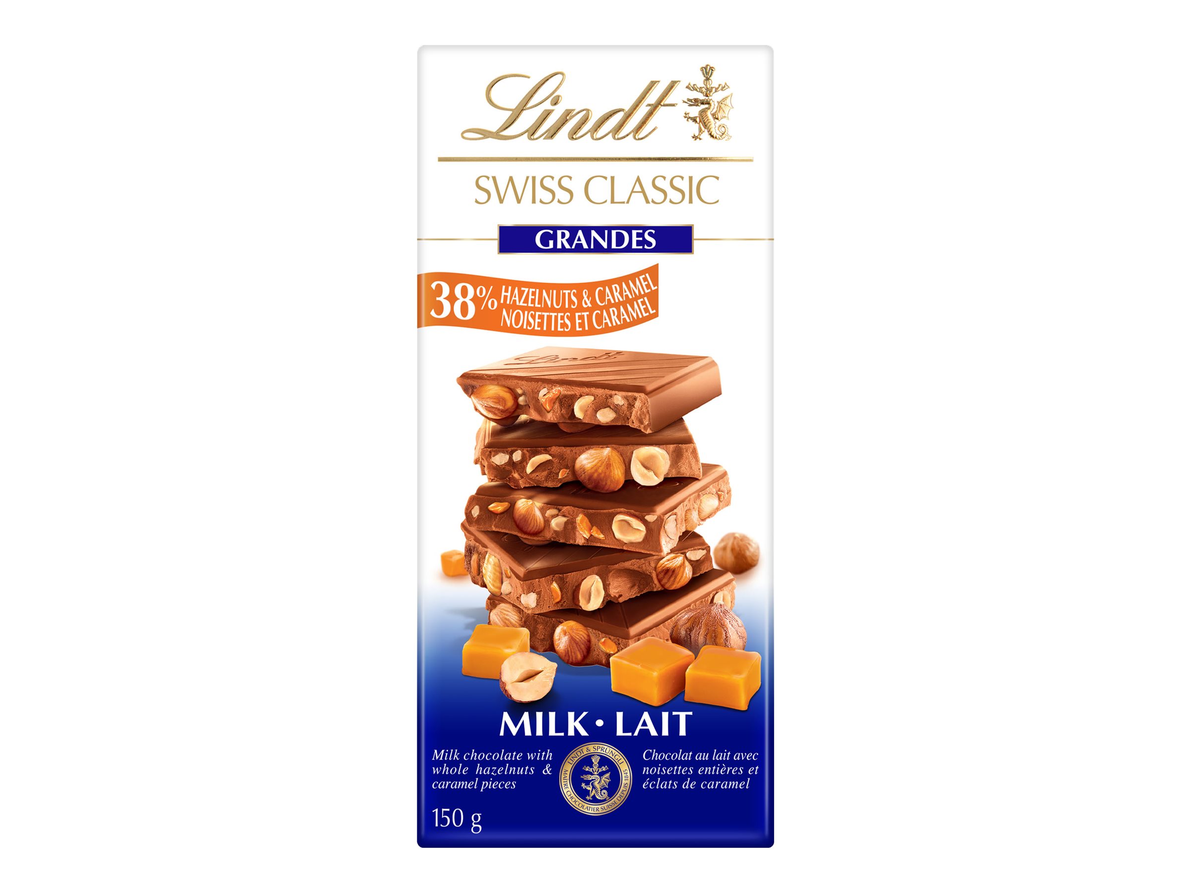 Lindt Swiss Classic Grandes Milk Chocolate Bar - 38% Hazelnut & Caramel - 150g