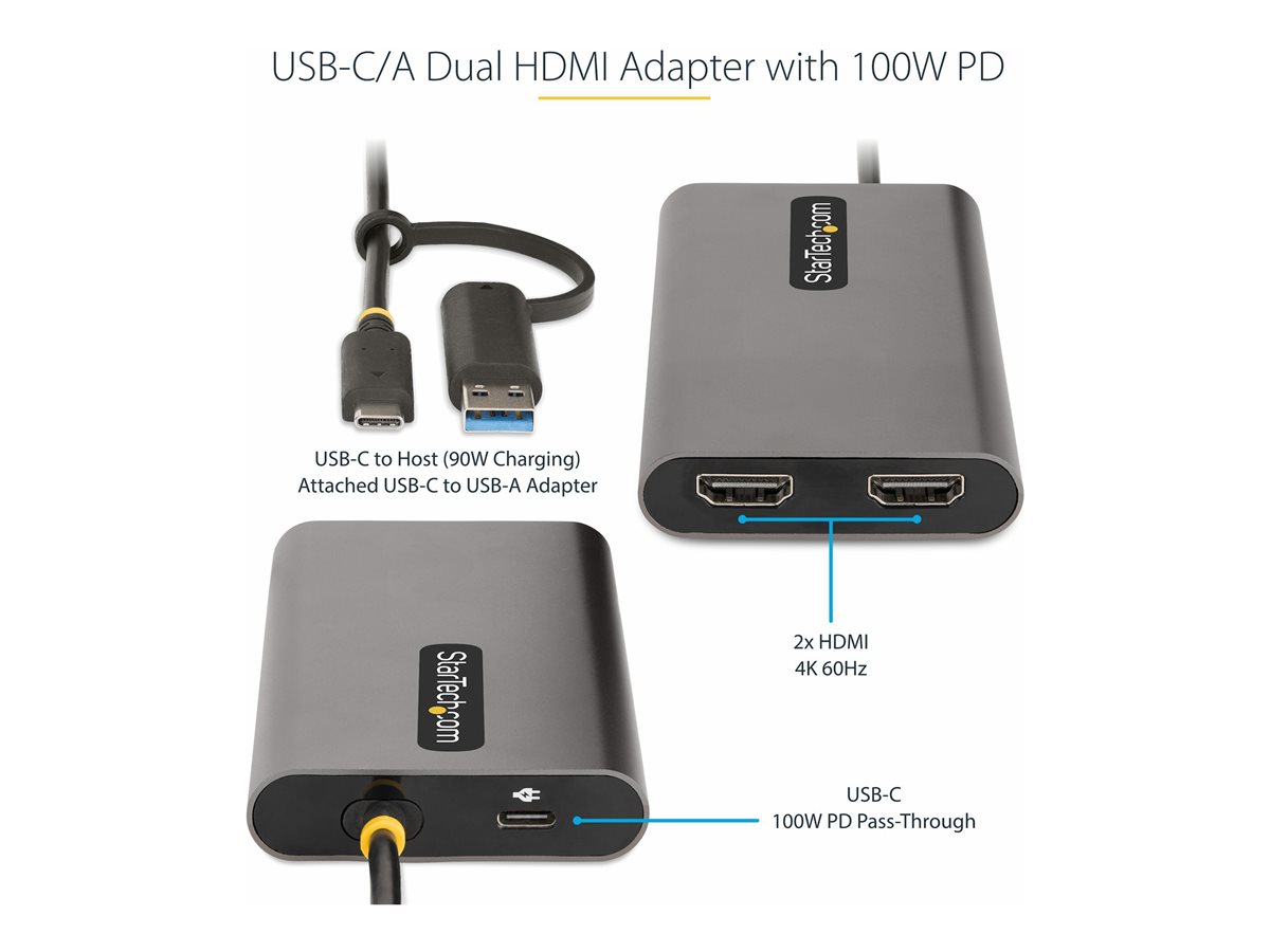 StarTech.com USB-C to Dual-HDMI Adapter, USB-C or A to 2x HDMI, 4K 60Hz, 100W PD Pass-Through, 1ft (30cm) Built-in Cable, External Video Graphics Adapter - USB to HDMI Multi-Monitor Converter for Laptop (109B-USBC-HDMI) - video adaptér - HDMI / USB - kompatibilní s TAA - 30 cm – foto 3