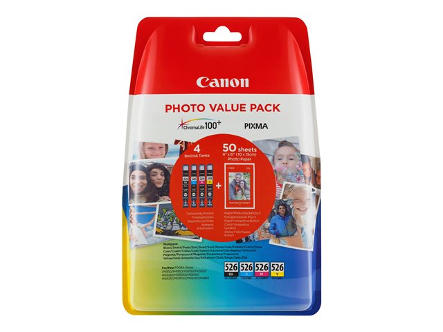 Image of Canon CLI-526 C/M/Y/BK Photo Value Pack - 4-pack - black, yellow, cyan, magenta - original - 50 sheet(s) - 100 x 150 mm - ink tank / paper kit
