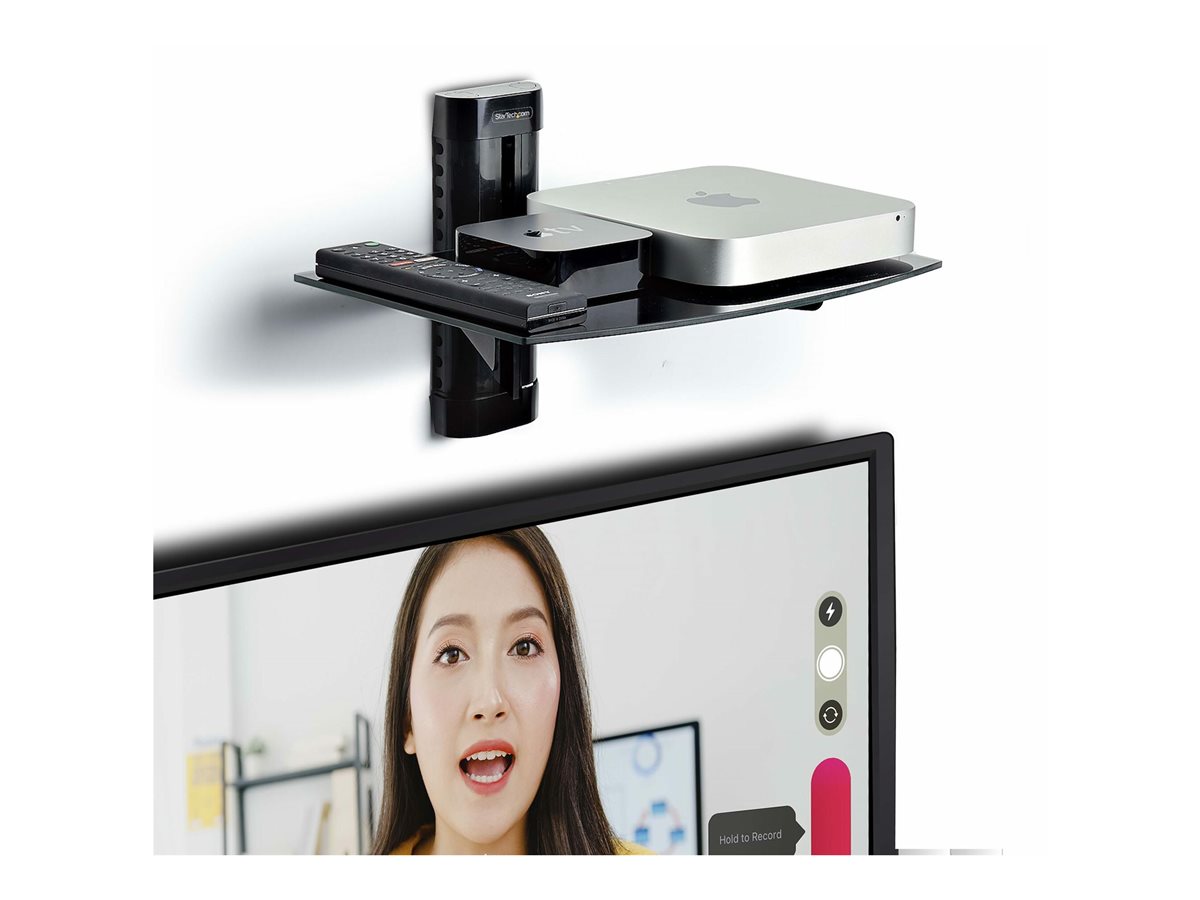 StarTech.com Floating Wall-Mounted AV Shelf, Adjustable Height Shelf For Under TV, Organize A/V Equipment On Black Tempered Glass Shelf police - pro komponenty audio/video - černá – foto 9