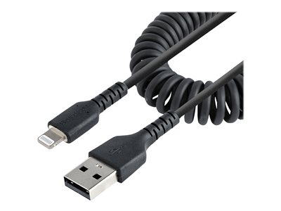StarTech.com 50cm (20in) USB to Lightning Cable, MFi Certified, Coiled iPhone Charger Cable, Black, Durable and Flexible TPE Jacket Aramid Fiber, Heavy Duty Coil Charging Cable