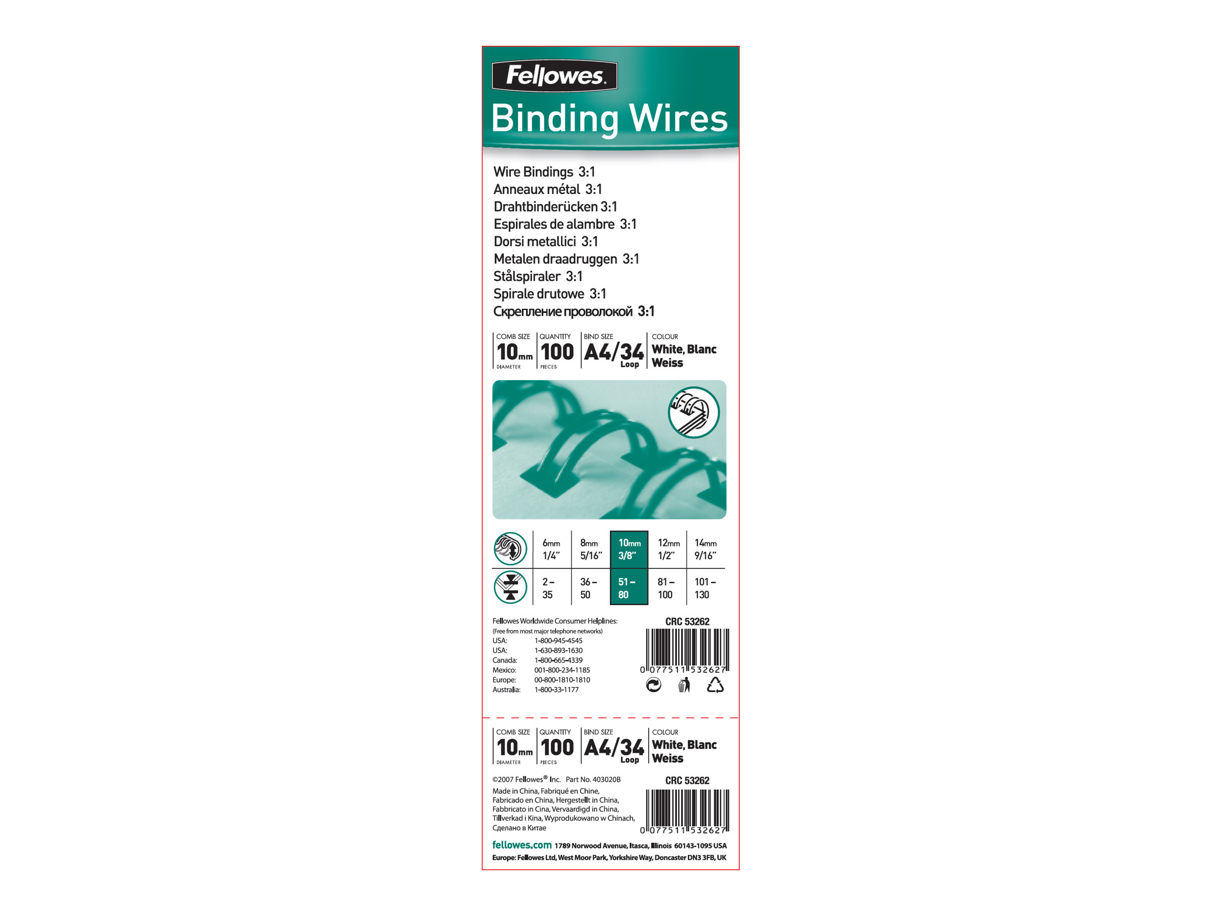 FELLOWES rel metall 34 boucles 8mm blanc