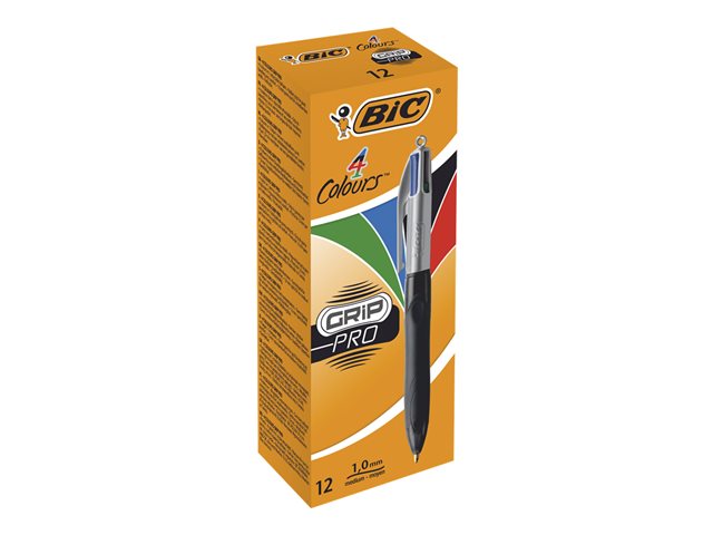 Bic 4 Colours Grip Pro 4 Colour Ballpoint Pen Black Red Blue Green Pack Of 12