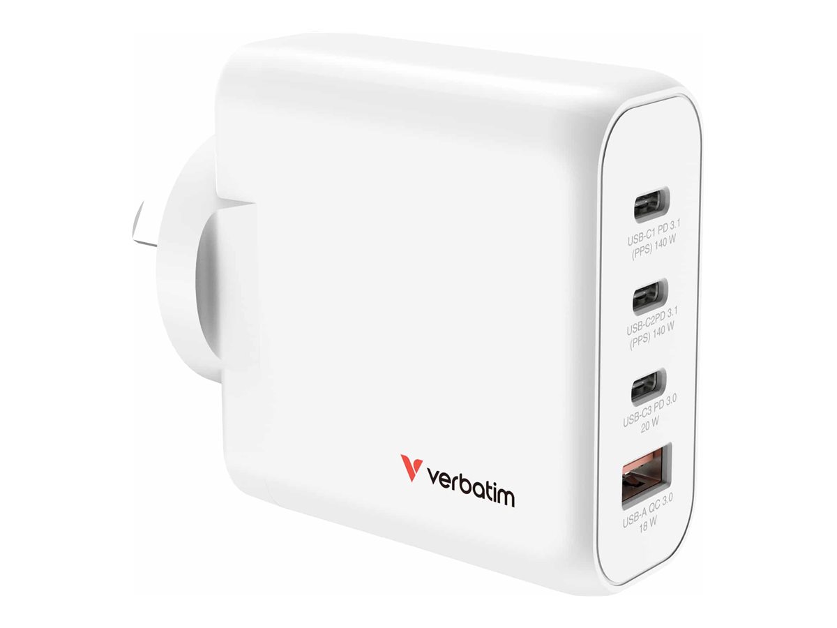 Verbatim power adapter 4-port Gan 3 x USB-C USB Type A 140 Product shot Right-angle 79850