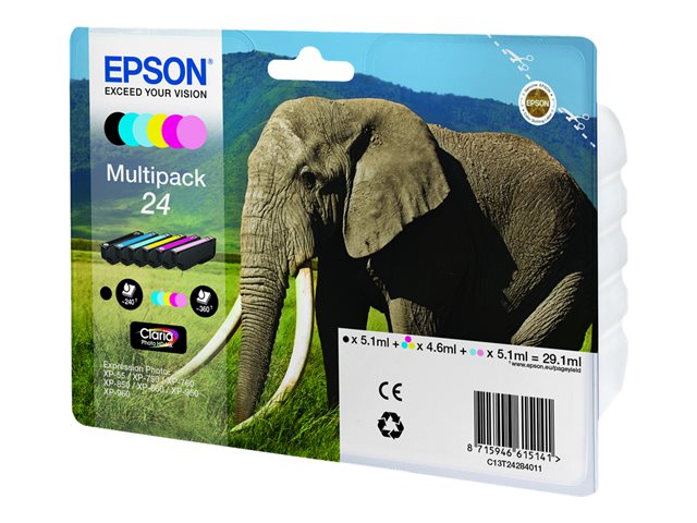 Image of Epson 24 Multipack - 6-pack - black, yellow, cyan, magenta, light magenta, light cyan - original - ink cartridge (alternative for: Epson 24XL)