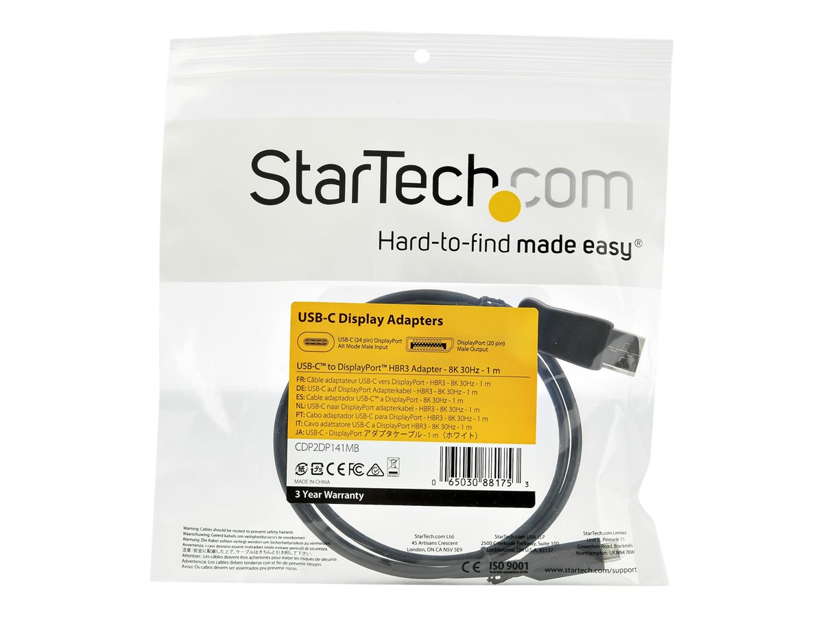 StarTech.com 3.3ft/1m USB C to DisplayPort 1.4 Cable, 4K/5K/8K USB Type-C to DP 1.4 Alt Mode Video Adapter Converter, HBR3/HDR/DSC, 8K 60Hz DP 1.4 Monitor Cable for USB-C and Thunderbolt 3 - USB-C to DP 8K Cable (CDP2DP141MB) - externí video adaptér - černá
