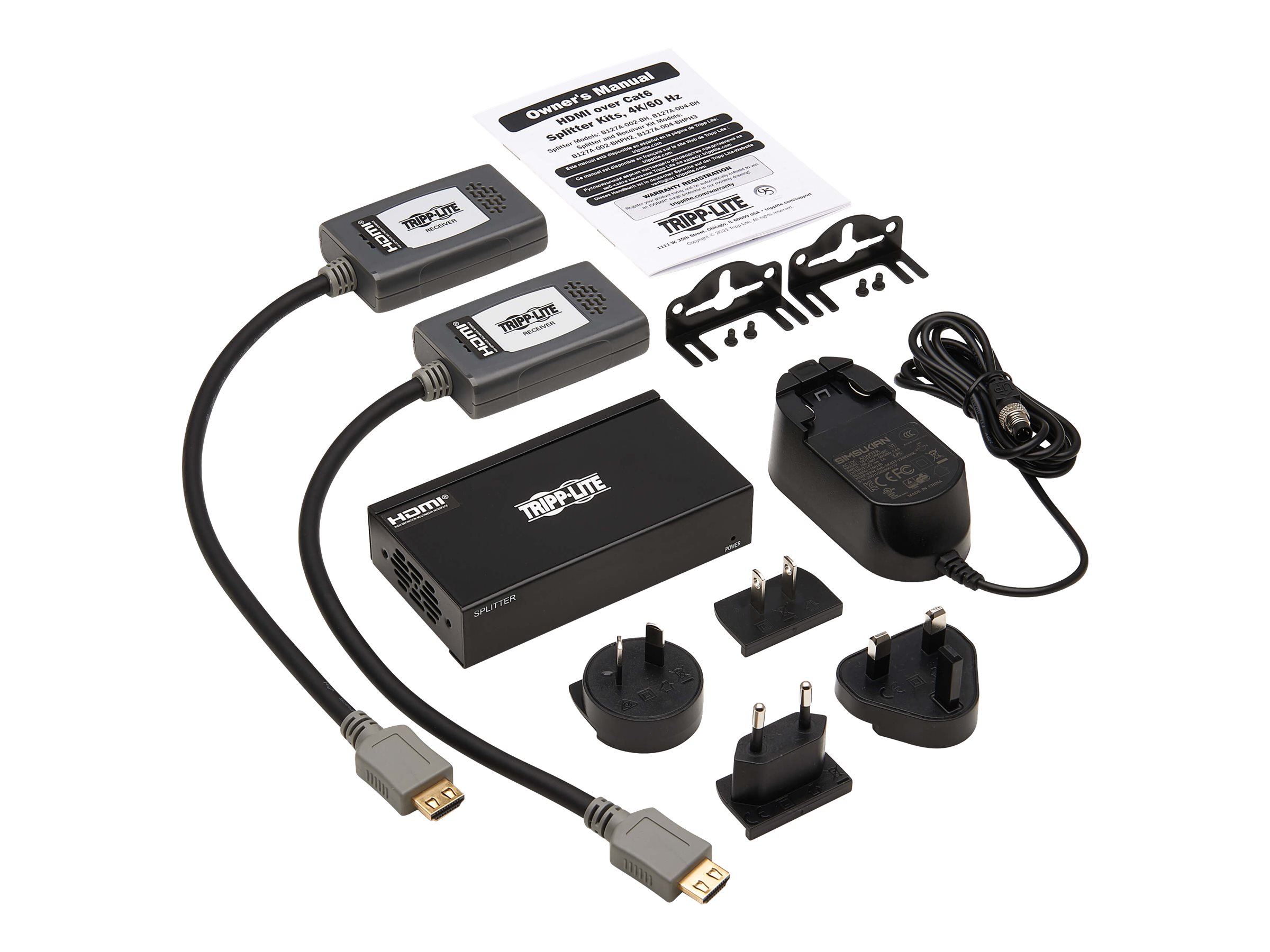 Tripp Lite HDMI over Cat6 Extender Kit, Splitter/2x Pigtail Receivers  2-Port- 4K 60 Hz, HDR, 4:4:4, PoC, 230 ft. (70.1