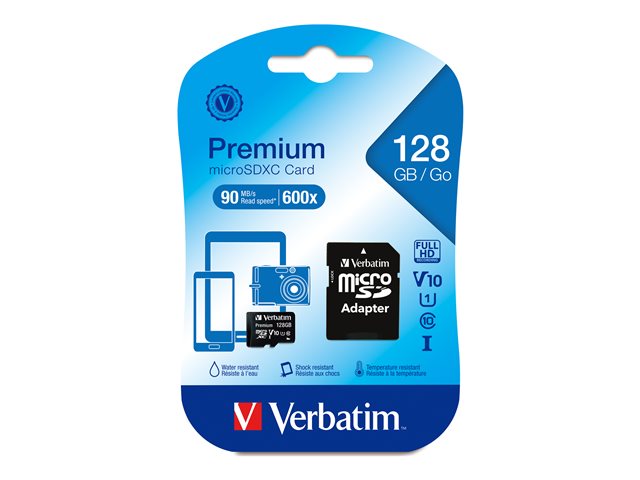 Verbatim Premium - Carte memoire flash (adaptateur SD inclus(e)) - 128 Go -  UHS Class 1 / Class10 - 300x - microSDXC UHS-I (44085), Cartes flash