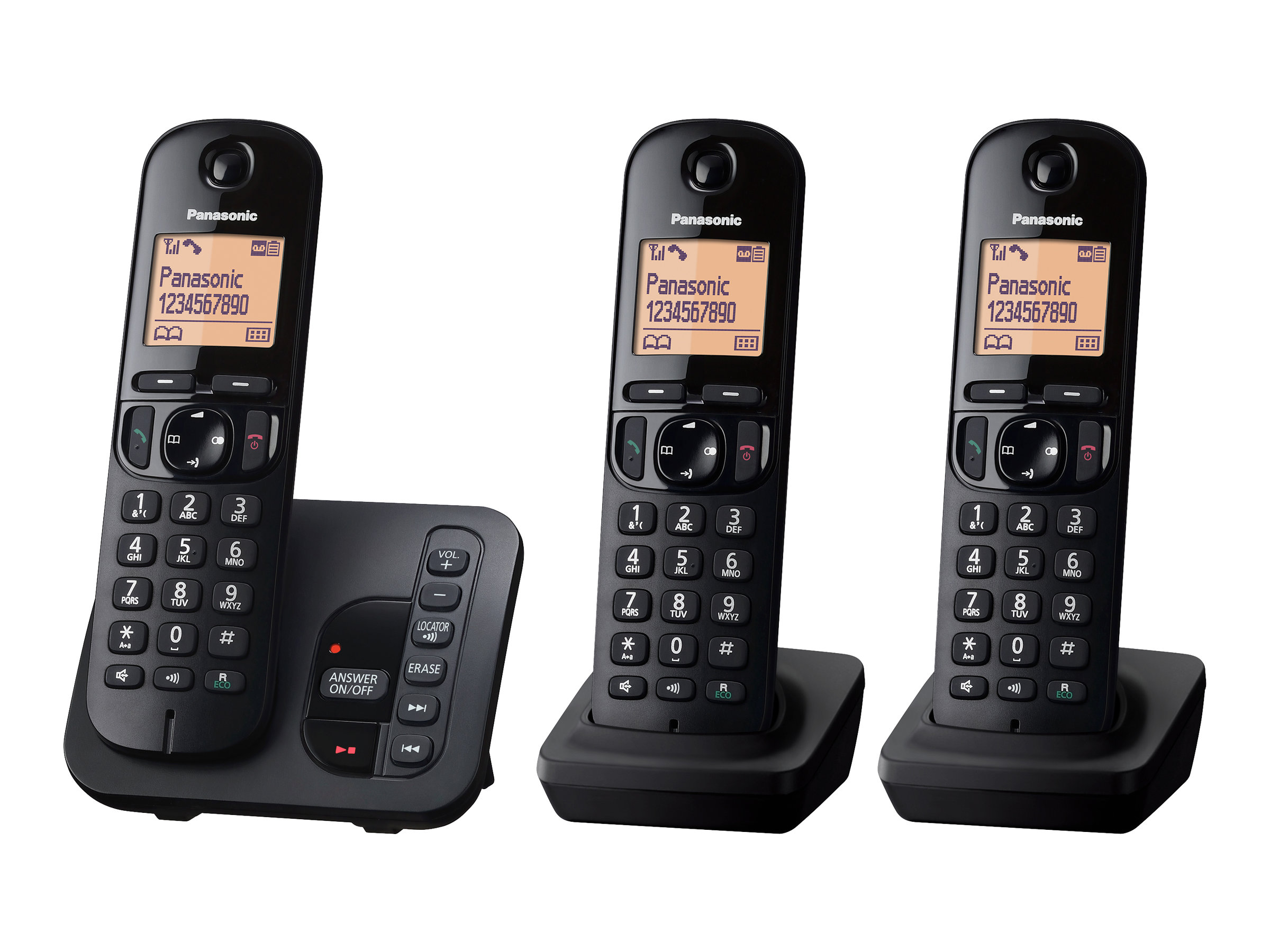 An image of Panasonic KX-TGC223E - cordless phone - answering system with caller ID/call waiting + 2 additional handsets - 3-way call capability